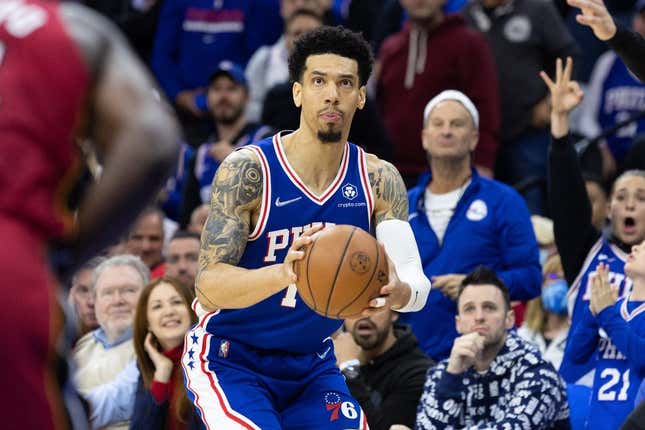 May 6, 2022; Philadelphia, Pennsylvania, USA; Philadelphia 76ers forward Danny Green (14) shoots the ball against the Miami Heat during the fourth quarter in game three of the second round for the 2022 NBA playoffs at Wells Fargo Center.