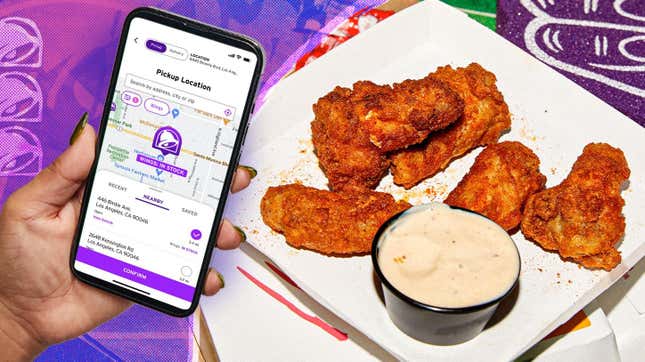 fried chicken wings and hand holding phone