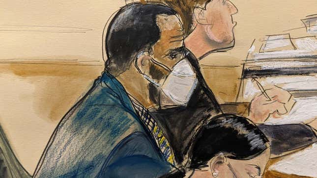 In this courtroom artist’s sketch R. Kelly, left, listens during his trial in New York, Thursday, Aug. 26, 2021. The 54-year-old Kelly has repeatedly denied accusations that he preyed on several alleged victims during his 30-year career.