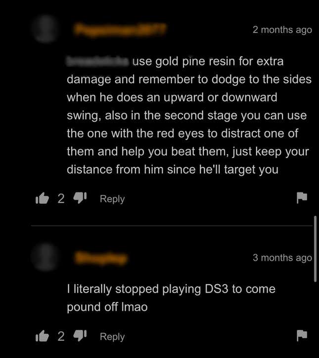 A screenshot from a different Pornhub video, where commenters are discussing how best to beat the final boss in Dark Souls 3.