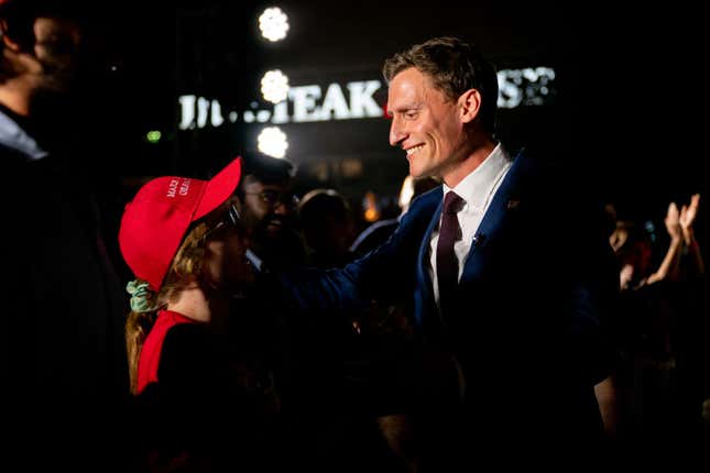 Republican U.S. senatorial candidate Blake Masters celebrates with family and supporters during his election night watch party on August 02, 2022, in Chandler, Arizona. Masters, who have the blessing of former President Donald Trump, have seen his recent lead in the polls extend to double digits among likely GOP voters over businessman Jim Lamon and state Attorney General Mark Brnovich. 