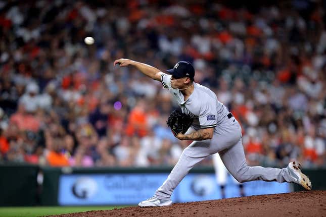Sep 1, 2023; Houston, Texas, USA; New York Yankees relief pitcher Jonathan Loaisiga (43) delivers a pitch against the Houston Astros during the ninth inning at Minute Maid Park.