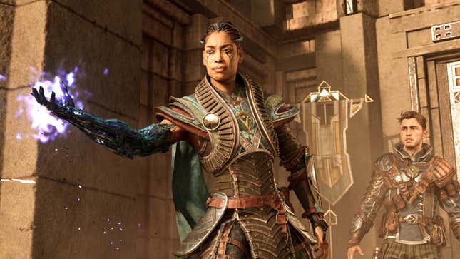 A screenshot shows a woman in armor wielding purple magic as seen in Immortals. 