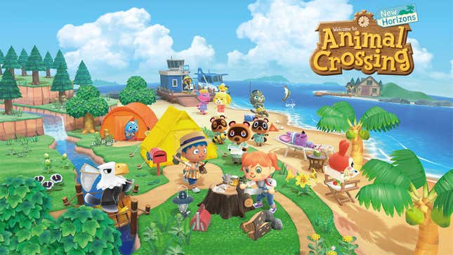 Official Nintendo art for Animal Crossing: New Horizons, showing off tents and villagers on a tropical island. 