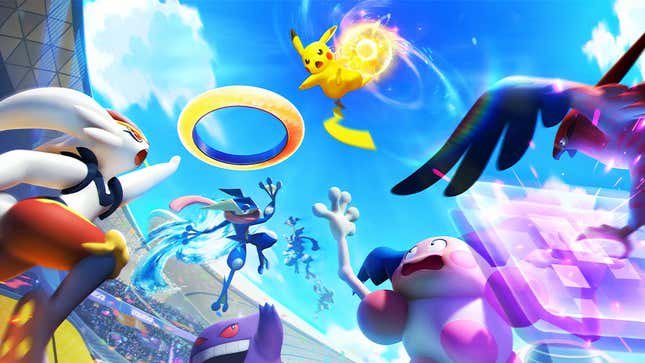 Pokémon reaching for a large golden ring inside a stadium.