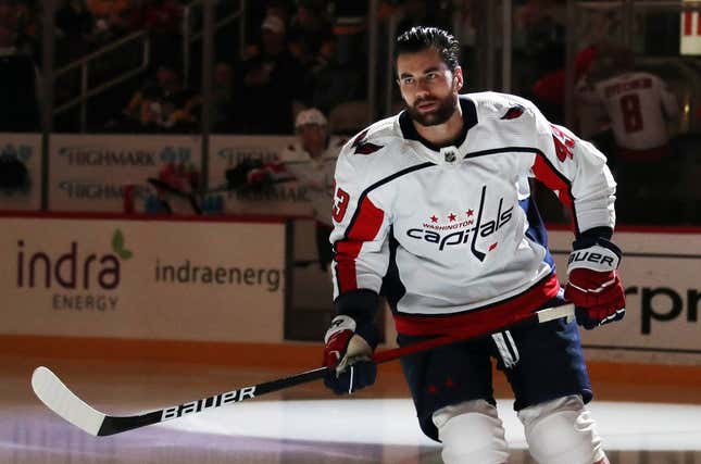 Mar 25, 2023; Pittsburgh, Pennsylvania, USA;  Washington Capitals right wing Tom Wilson (43) takes the ice to warm up before the game against the Pittsburgh Penguins at PPG Paints Arena.