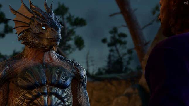A dragonborn is shown talking to Gale.