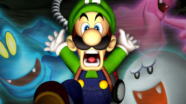 Luigi screams as ghosts surround him.