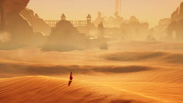 Image of Raji in the eponymous game standing in a rolling, orange desert, staring out at distant, featureless buildings.