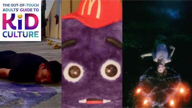 A collage of screenshots of a man lying on the ground in a pool of purple goo, a closeup of Grimace's face, and an upside down child lying atop a pentagram drawn in chalk