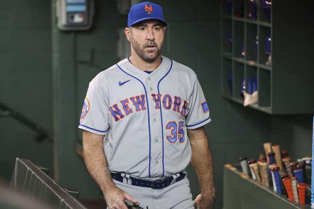 Jun 20, 2023; Houston, Texas, USA; New York Mets starting pitcher Justin Verlander (35) walks in the dugout before the game against the Houston Astros at Minute Maid Park.