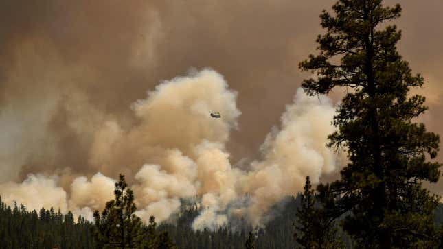 A firefighting helicopter flies past smoke plumes after making a water drop during the Dixie Fire.