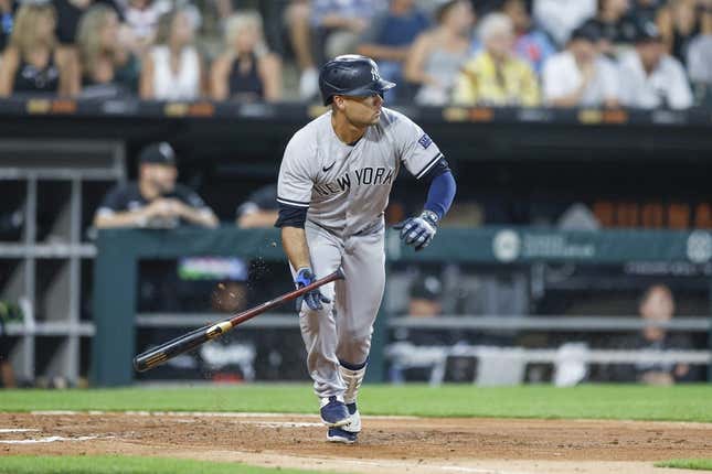 Aug 8, 2023; Chicago, Illinois, USA; New York Yankees center fielder Isiah Kiner-Falefa (12) watches his two-run double against the Chicago White Sox during the fourth inning at Guaranteed Rate Field.