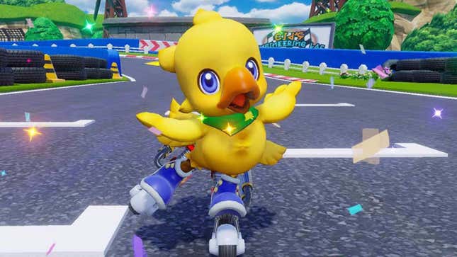 A Chocobo on roller blades celebrates quarterly earnings. 