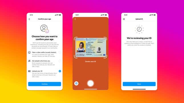 A series of three app screens illustrating Instagram's new age verification methods are shown.