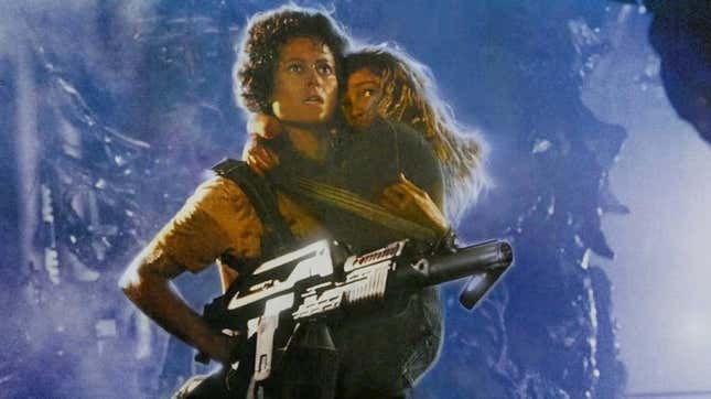 Ripley holding Newt in an image cropped from the alternate poster for James Cameron's Aliens.