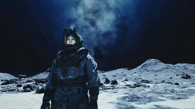 A person in a space suit stands on a distant world.