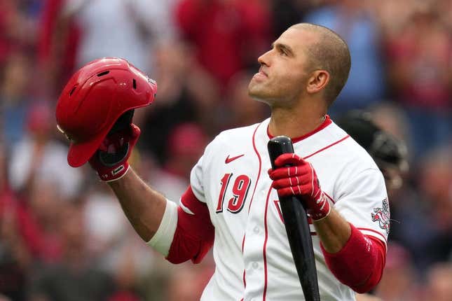 Cincinnati Reds first baseman Joey Votto (19) is recognized by the crowd before his first at-bat of the season in the second inning of a baseball game between the Colorado Rockies and the Cincinnati Reds, Monday, June 19, 2023, at Great American Ball Park in Cincinnati.