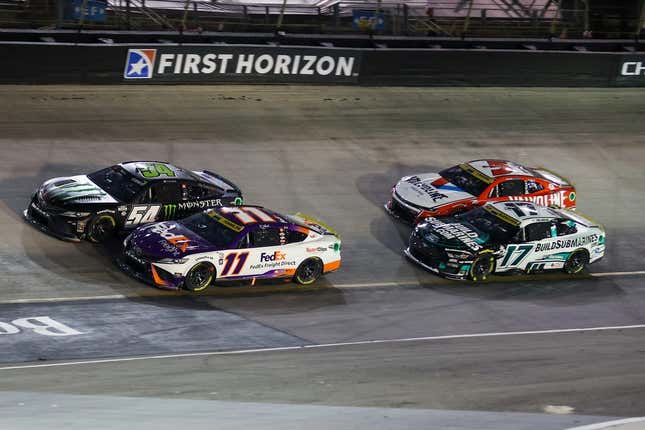 Sep 16, 2023; Bristol, Tennessee, USA; NASCAR Cup Series driver Ty Gibbs (54) and driver Denny Hamlin (11) during the Bass Pro Shops Night Race at Bristol Motor Speedway.