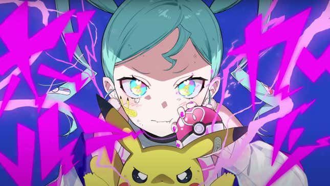 Hatsune Miku hält ein stirnrunzelndes Pikachu.
