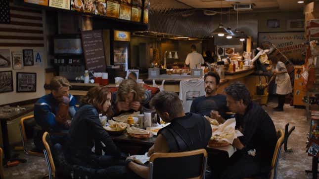The Avengers enjoying normal-sized sandwiches
