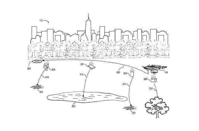 The drawing of Amazon's drone, equipped with a system to drop components when necessary.