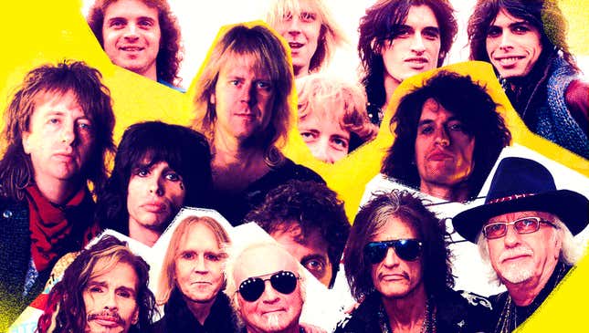 Aerosmith through the years: Top row, 1977 (Photo: Ron Pownall/Getty Images); middle row, 1986 (Photo: Ross Marino/Getty Images); bottom row, 2019 (Photo: Tommaso Boddi/Getty Images for Janie’s Fund).
