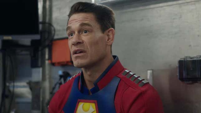 John Cena makes a face in costume as Peacemaker.