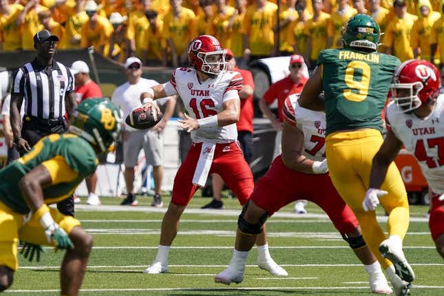 Sep 9, 2023; Waco, Texas, USA; Utah Utes quarterback Bryson Barnes (16) stands in the pocket against the Baylor Bears during the first half at McLane Stadium.