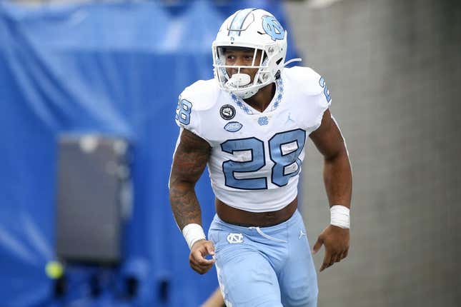 Sep 10, 2022; Atlanta, Georgia, USA; North Carolina Tar Heels running back Omarion Hampton (28) celebrates after a touchdown run against the Georgia State Panthers in the second half at Center Parc Stadium.