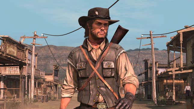 A screenshot shows a cowboy walking down a dirt road in an old town.  