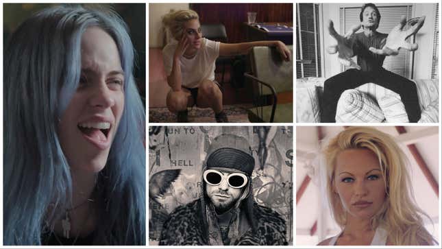 Clockwise from left: Billie Eilish: The World’s A Little Blurry (Apple TV+), Gaga: Five Foot Two (Netflix), Robin Williams: Come Inside My Mind (HBO), Pamela, A Love Story (Netflix), Cobain: Montage Of Heck (HBO)