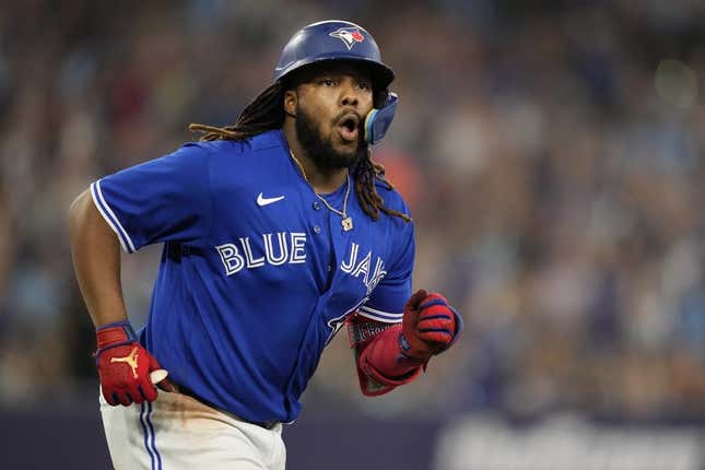 Jun 24, 2023; Toronto, Ontario, CAN; Toronto Blue Jays first baseman Vladimir Guerrero Jr. (27) reacts after hitting a two run home run against the Oakland Athletics during the sixth inning at Rogers Centre.