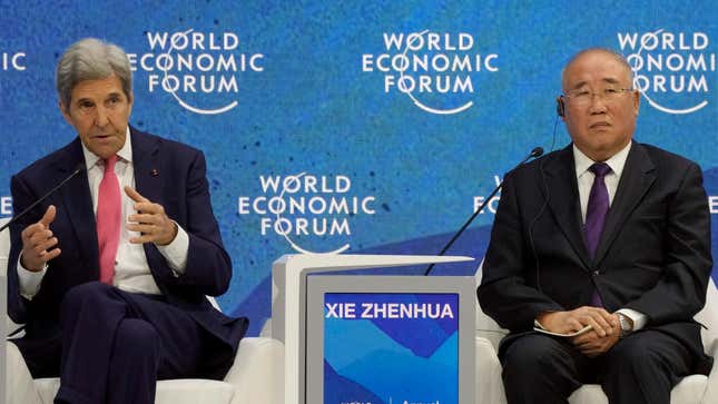 John F. Kerry, Special Presidential Envoy for Climate of the United States and Xie Zhenhua, Special Envoy for Climate Change of the People’s Republic of China, together during the World Economic Forum in Davos, Switzerland in May. 