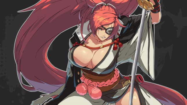 A one-armed, female samurai with impossibly large boobs.