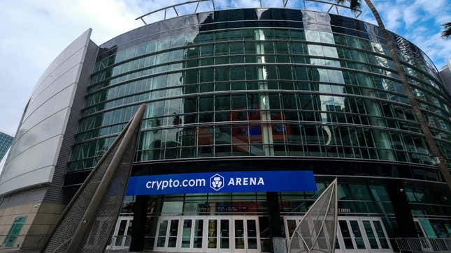 Outside the glass ediface of the LA Crypto.com Arena. The main doors are closed