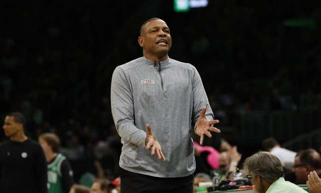 May 14, 2023; Boston, Massachusetts, USA; Philadelphia 76ers head coach Doc Rivers reacts during the first quarter of game seven of the 2023 NBA playoffs against the Boston Celtics at TD Garden.