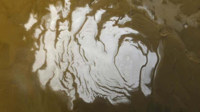 The Martian south polar ice cap imaged by the Mars Orbiter Camera in 2000.