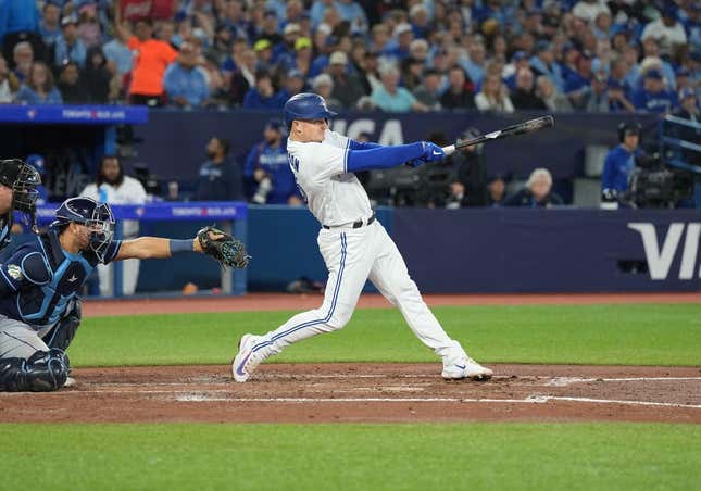 Toronto Blue Jays third baseman Matt Chapman (26) hits a single in