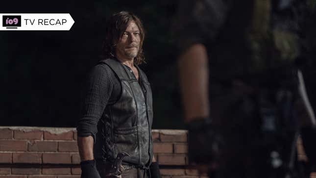 The leather-clad Daryl (Norman Reedus) stares at the back of the unhinged commander Pope in AMC's The Walking Dead.