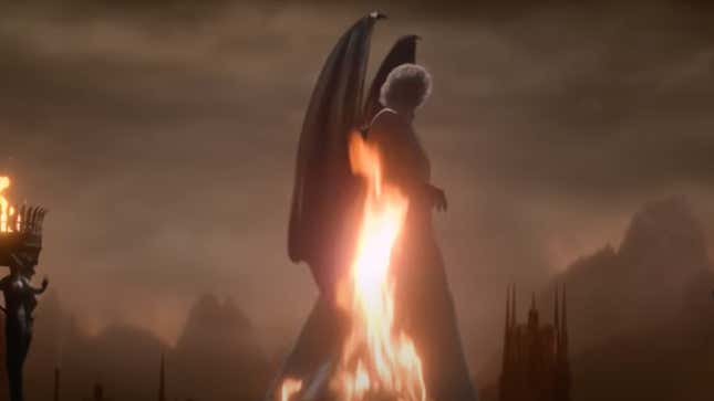 A shadowed figure with blonde hair and leathery wings stands behind a tall flame.