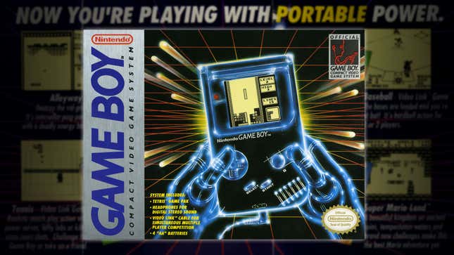 The Nintendo Game Boy box appears in front of a vintage advertising poster.