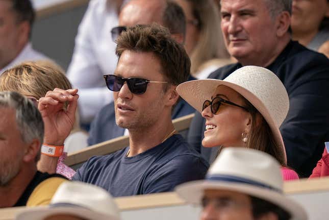 Jun 11, 2023; Paris,France; Tom Brady and Jelena Djokovic in attendance for the Novak Djokovic (SRB) and Casper Ruud (NOR) men s final on day 15 at Stade Roland-Garros.