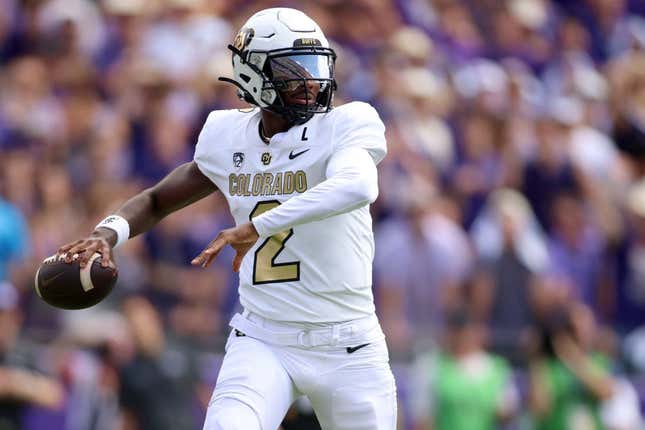 Sep 2, 2023; Fort Worth, Texas, USA; Colorado Buffaloes quarterback Shedeur Sanders (2) rolls out to pass in the second quarter against the TCU Horned Frogs at Amon G. Carter Stadium.