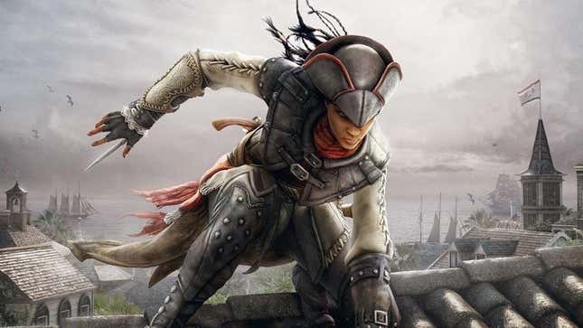 Assassin's Creed: Liberation's protagonist stalks a target from the rooftops. 