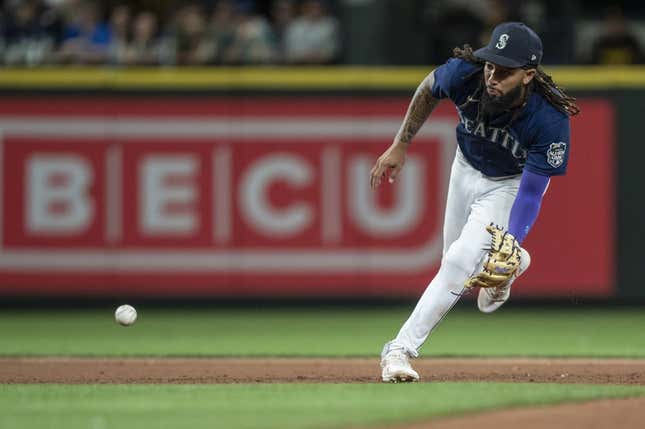 Aug 9, 2023; Seattle, Washington, USA; Seattle Mariners shortstop J.P. Crawford (3) fields a ground ball during the eighth inning against the San Diego Padres at T-Mobile Park.
