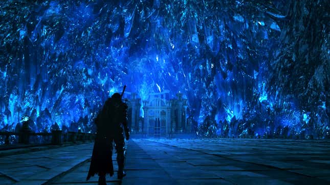 Clive walks toward a massive wall of blue crystals.