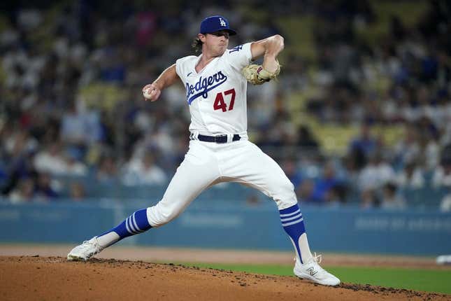 Sep 13, 2023; Los Angeles, California, USA; Los Angeles Dodgers starting pitcher Ryan Pepiot (47) throws in the second inning against the San Diego Padres at Dodger Stadium.