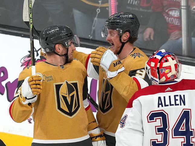 Mar 5, 2023; Las Vegas, Nevada, USA; Vegas Golden Knights center Ivan Barbashev (49) celebrates with Vegas Golden Knights center Jack Eichel (9) after scoring a goal against the Montreal Canadiens during the third period at T-Mobile Arena.