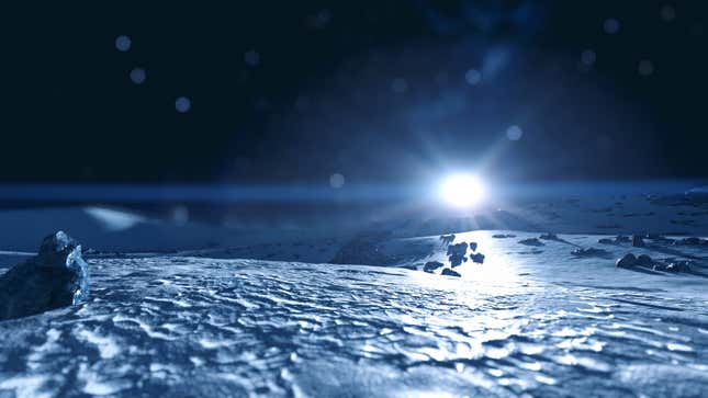 A star sets on the horizon of a frozen world.